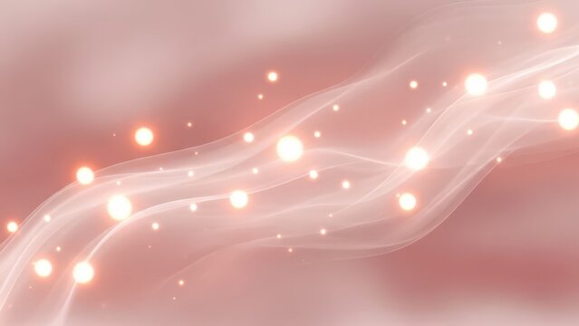 Soft blush pink background showcasing luminous golden orbs and delicate flowing sheer ribbons, creating a magical and elegant abstract design.