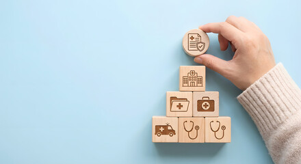 Healthcare and Medical Icons Wooden Blocks Stack with Ambulance and Clinic Symbols for Medical Services Concept