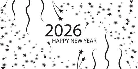 Minimal monochrome New Year 2026 greeting card featuring star patterns, hand-drawn lines, simple layout, elegant text, creative and stylish festive aesthetic.