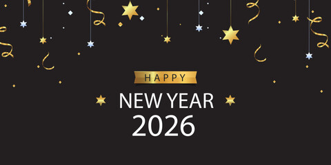 Festive 2026 Happy New Year greeting card with golden hanging stars, ribbon curls, dark background, refined typography, premium and elegant holiday style.