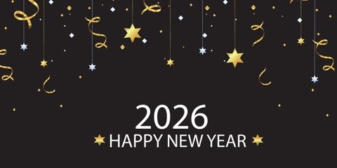Luxury New Year 2026 banner featuring black backdrop, gold stars, confetti ribbons, minimalist layout, glowing accents, classy and joyful celebration design.