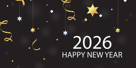 Elegant Happy New Year 2026 background with dark night theme, golden stars and ribbons, hanging decorations, soft glow, modern festive typography, luxury celebration mood.