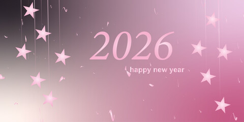 Pastel pink New Year 2026 greeting card featuring floating stars, light bokeh, smooth gradients, modern elegance, celebration theme, calm and joyful aesthetic.