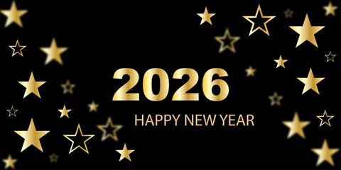 Festive black and gold New Year 2026 illustration with star confetti, glowing highlights, minimal yet luxurious composition, joyful celebration theme.