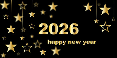 Glamorous 2026 New Year greeting card with shimmering gold stars, deep black background, refined typography, celebratory sparkle, stylish and premium look.