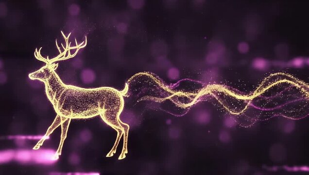 Abstract stag silhouette leaping forward formed by glowing gold particles on dark purple background