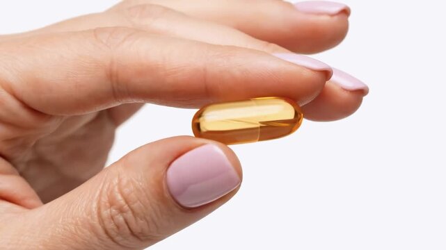 A woman's hand holds a yellow vitamin capsule. Close-up of a golden omega 3 supplement pill. Healthcare and nutrition concept