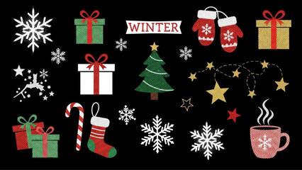 Winter Christmas Halftone Collage Cutout Elements with Retro Mixed Media Vector Style on Black Background