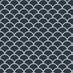 ハートのスカラップ模様のシームレスパターン（ネイビー）ー 上品なネイビーにホワイトのハートが並ぶスカラップ柄。デザインペーパー、マスキングテープ、マスキングシールブック、フレークシール、手帳デコ素材、ノート表紙、ハンカチ、箸、マグカップ、皿、キッチンクロス、キッチン雑貨、ポーチ等に最適。