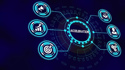 Business acceleration concept with digital growth icons showing speed enhancement, analytics momentum, scalable execution, and performance velocity.