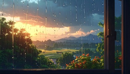 Animated sunset scene viewed through a window with rain streaks, showcasing a lush landscape, hills, and a dramatic sky