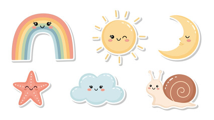 Cute kawaii doodle illustration set, pastel color palette, hand-drawn style