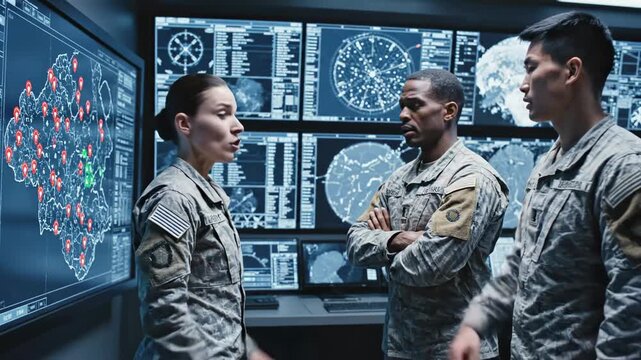Three military personnel analyze a digital map and data, with a woman leading a discussion and two men listening attentively in a control room.
