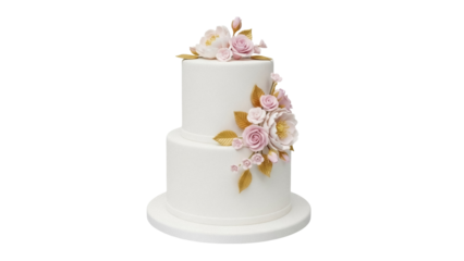 Elegant two-tiered wedding cake with sugar flowers isolated PNG, romantic dessert for celebration on transparent background