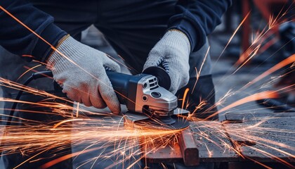 Person using angle grinder creating sparks metalwork