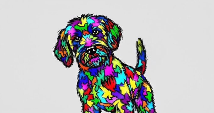 Colorful abstract illustration of a playful dog with vibrant patterns against a neutral background