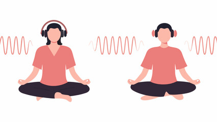 Two people meditating with headphones and sound waves on a white background in a vector illustration