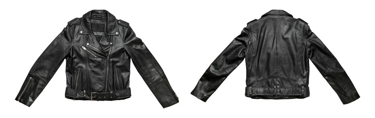 Black women's leather jacket isolated on white background. With clipping path. Cut out stylish zippered jacket with rivets made of genuine leather. Clothing object for design, advertising, mockup