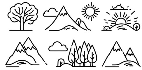 Clean line art icons of trees, mountains, hills, sun, clouds and forests. Perfect for nature, outdoor branding, travel and educational visuals; modern, versatile, and easy to integrate