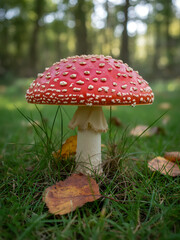 Fly Agaric Mushrooms / Fungi in Nature, fly agaric mushroom on green grass background