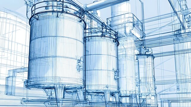 Blueprint of Industrial Storage Tanks and Chemical Plant Structures. - Powered by Adobe