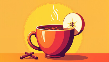 Hot beverage cup with apple slice and cinnamon sticks on a warm background. Concept of cozy autumn drinks, inviting for seasonal celebrations. Useful for advertisements and seasonal promotions.