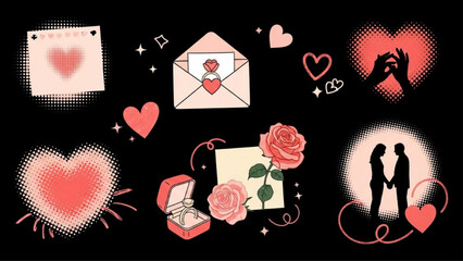 Love Romance Halftone Collage Cutout Sticker Set with Retro Mixed Media Vector Style on Black Background