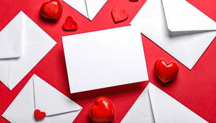 White envelopes and blank card with red hearts on red background.