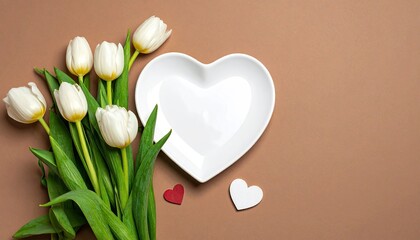 White tulips and heart-shaped plate with decorative hearts on a brown background.
