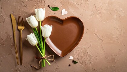 Elegant table setting with white tulips and heart-shaped plate for romantic dining.
