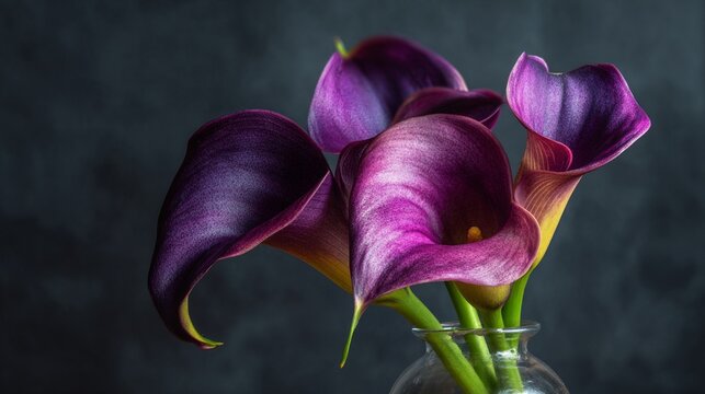 Luxurious and vibrant purple calla lilies elegantly arranged in a glass vase, showcasing their dramatic curves and rich colors against a moody dark backdrop for stunning decor.