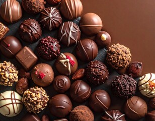 Assortment of diverse handcrafted chocolate truffles and bonbons, artfully arranged on a dark surface and complemented by a brown backdrop