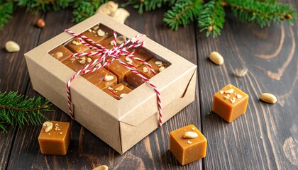 Gourmet Homemade Caramel Candies with Nuts in a Festive Gift Box.