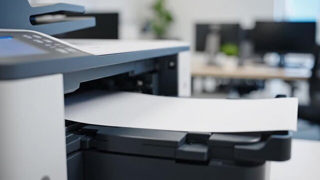Close-up of a modern office printer working, producing clean paper output