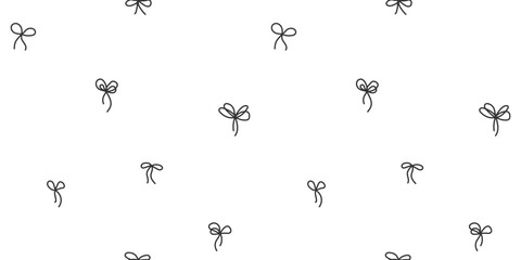 Cute Doodle Bow seamless pattern. Black line art rope bows. Monochrome Outline sketch present packaging element background. Elegant minimal gift decoration © Svetlana