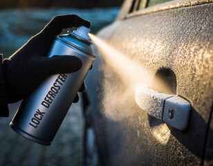 Odmrażanie zamarzniętego zamka w samochodzie przy pomocy aerozolu. Dłoń spryskująca zamek aerozolem