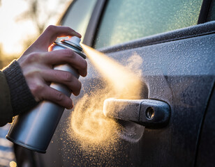 Defrosting a frozen car lock with an aerosol. A hand spraying the lock with an aerosol.
