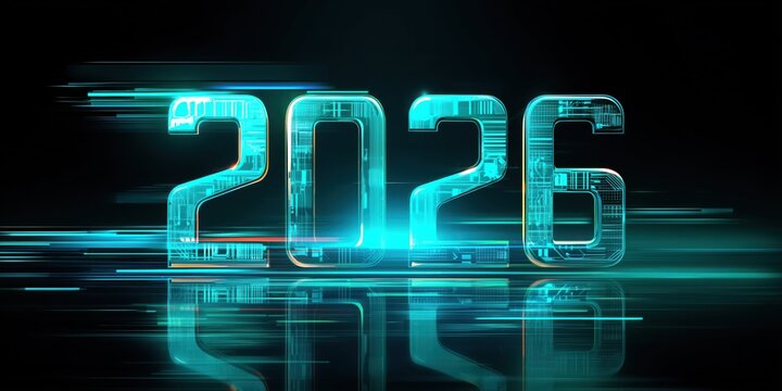 futuristic tech transition show "2026", neon glowing digits, digital circuit patterns, hologram interface, dark tech background with blue-cyan light rays - Powered by Adobe
