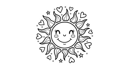 Cheerful sun illustration surrounded by hearts and stars, perfect for children's art projects