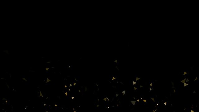Animation video of a yellow triangle floating from bottom to top isolated against a black background, Futuristic high-tech energy particles