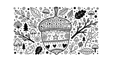 Decorative illustration featuring an acorn surrounded by leaves, mushrooms, and trees in a whimsical design © Apolobay