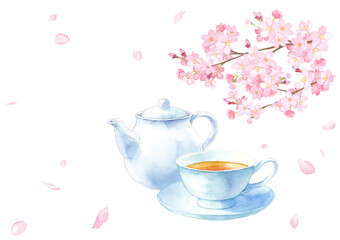 桜と紅茶の水彩イラスト 春のカフェメニュー コピースペース