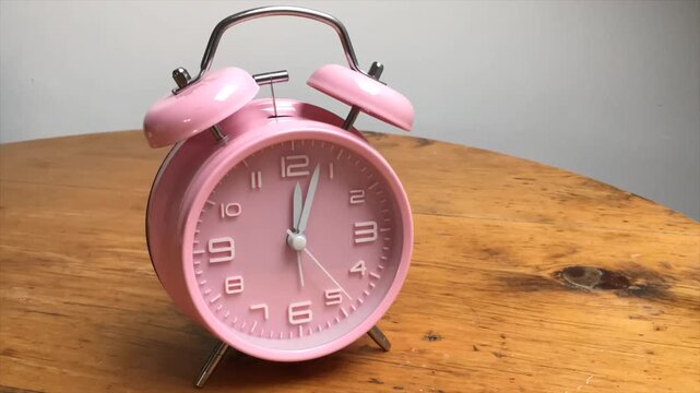 Pink alarm  clock running backwards. Concept turn back time