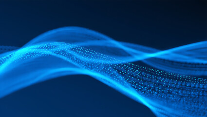 Abstract flowing blue digital wave of glowing particles representing data transmission, technology, or futuristic network visualization in dark background
