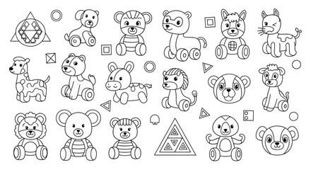 A collection of playful toy animals in a fun, outlined style, perfect for children's coloring activities