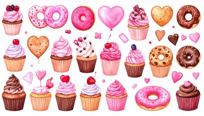 Watercolor collection of sweet cupcakes donuts and heart shaped candies for celebration.