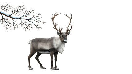 Reindeer with large antlers and snowy branches on black background