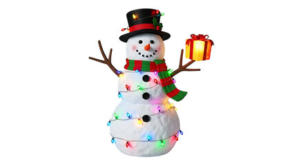 Snowman with Christmas lights and gift on black background