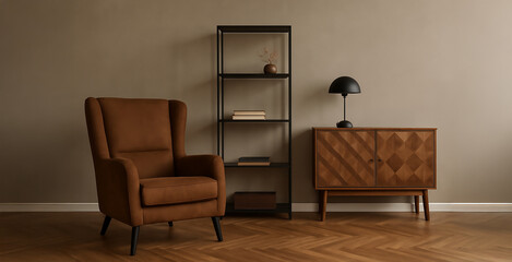 Cozy Mid Century Modern Reading Corner with Terracotta Armchair and Dark Wood Furniture