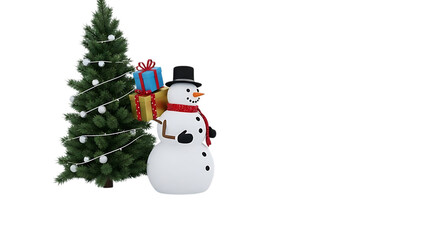 Snowman with gifts next to a decorated Christmas tree